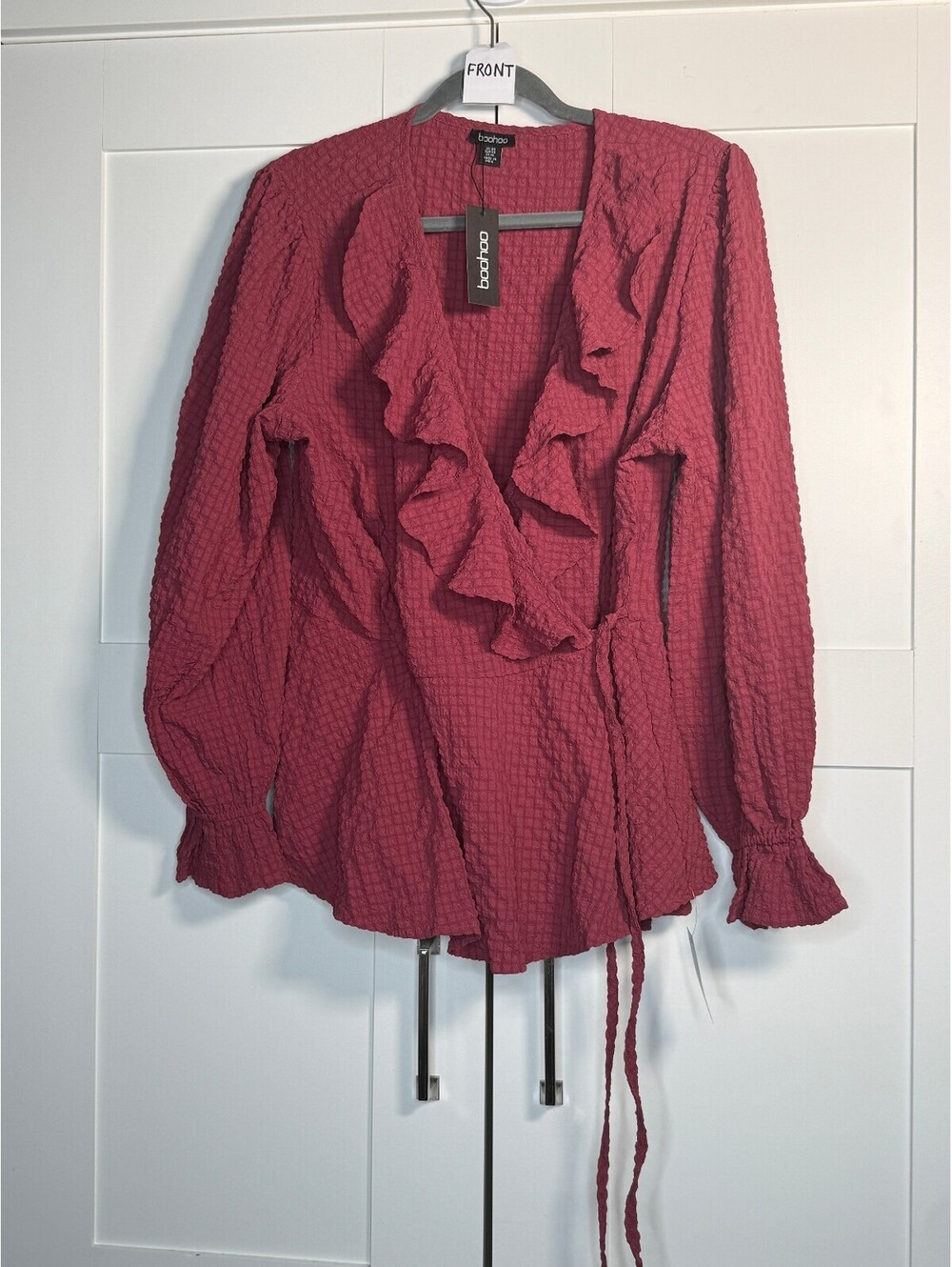 Boohoo Size 16 Dusty Rose Ruffle Wrap Blouse Textured Long Sleeve NWT
